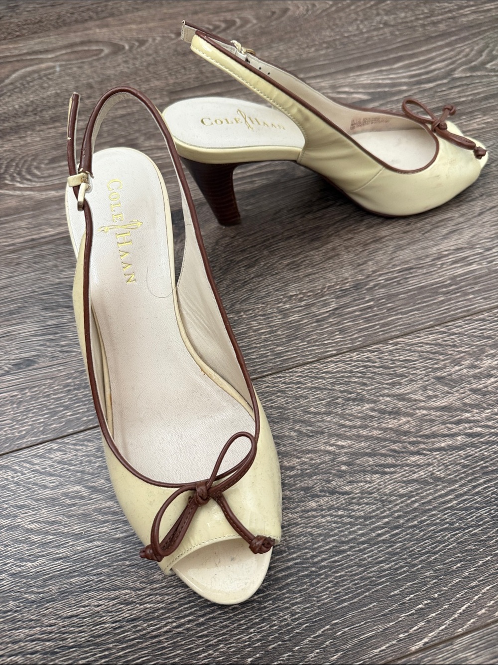Cole Haan Cream and Brown Slingback Peep-Toe Heels